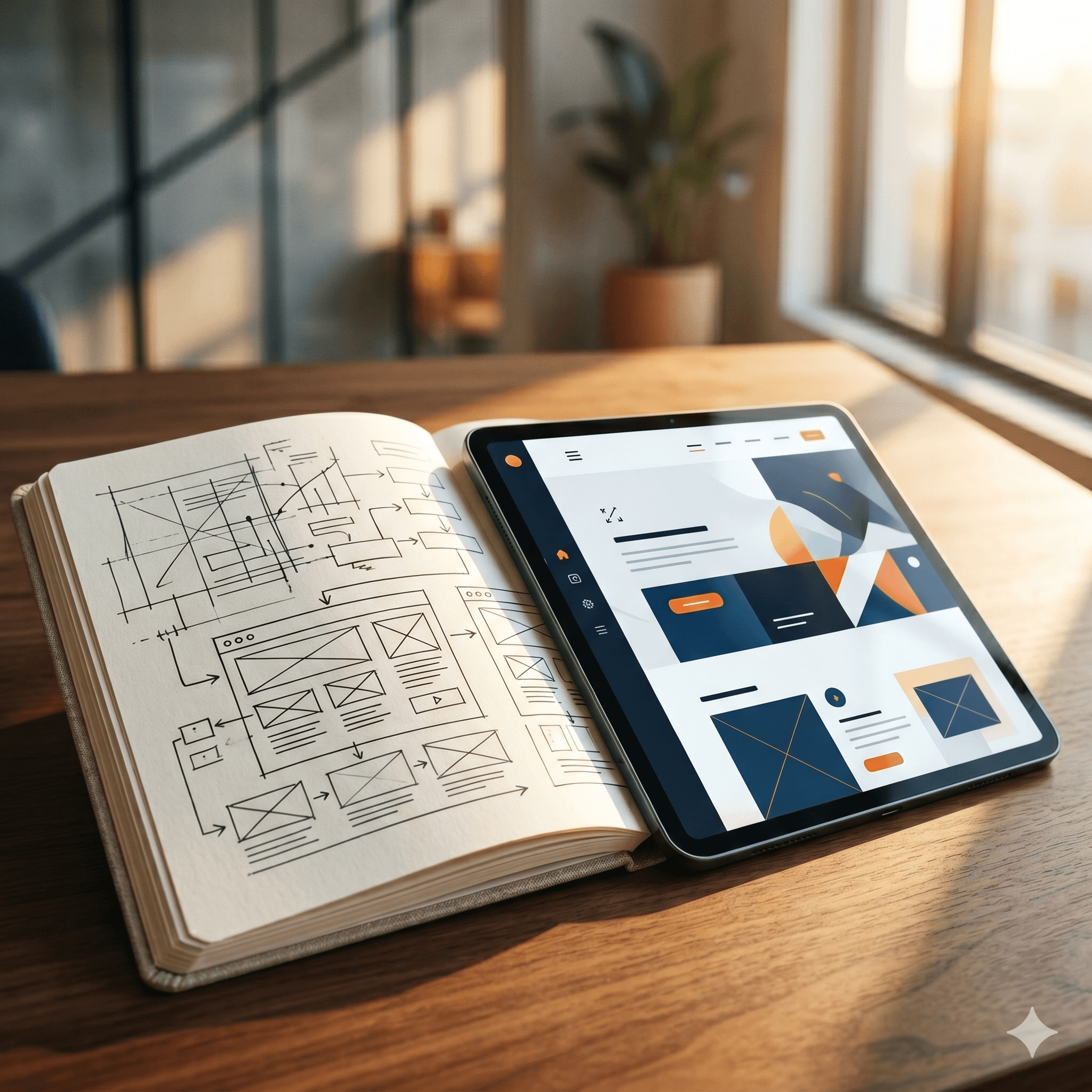 Eine geteilte Komposition auf einem minimalistischen Schreibtisch: Auf der linken Seite liegt ein offenes Notizbuch mit abstrakten Design-Skizzen und Website-Strukturen. Diese gehen fließend nach rechts in ein modernes Tablet über, das ein sauberes, elegantes Website-Interface mit geometrischen Formen zeigt. Warmes, goldenes Morgenlicht fällt von rechts über die Szene und setzt das Tablet in den Fokus, während der Hintergrund unscharf ist.