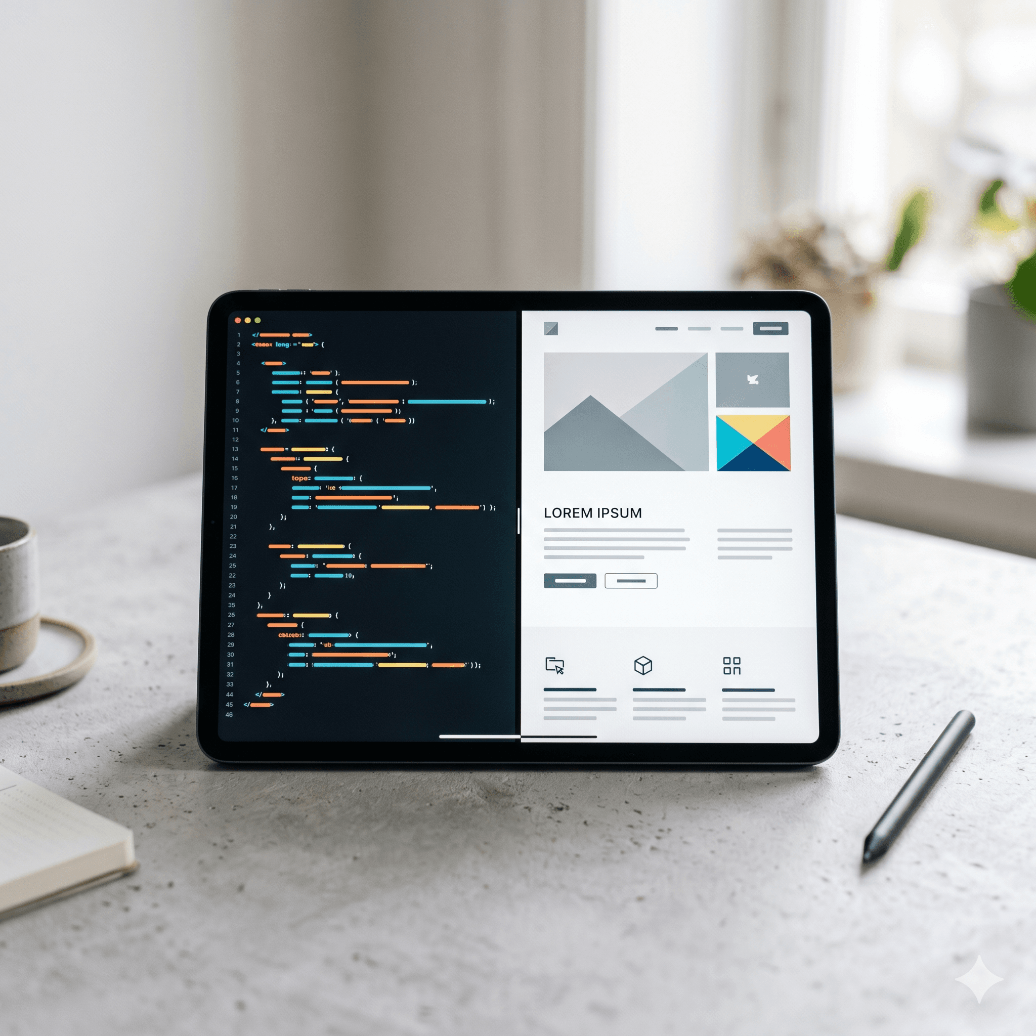 Ein modernes Tablet liegt auf einem minimalistischen, hellgrauen Schreibtisch. Der Bildschirm zeigt ein geteiltes Display: Die linke Seite stellt bunten, abstrakten Programmcode im Dark-Mode dar, während die rechte Seite nahtlos in eine helle, cleane Website-Oberfläche mit Platzhalter-Bildern übergeht. Sanftes Tageslicht fällt von rechts auf die Szene, der Hintergrund ist unscharf.