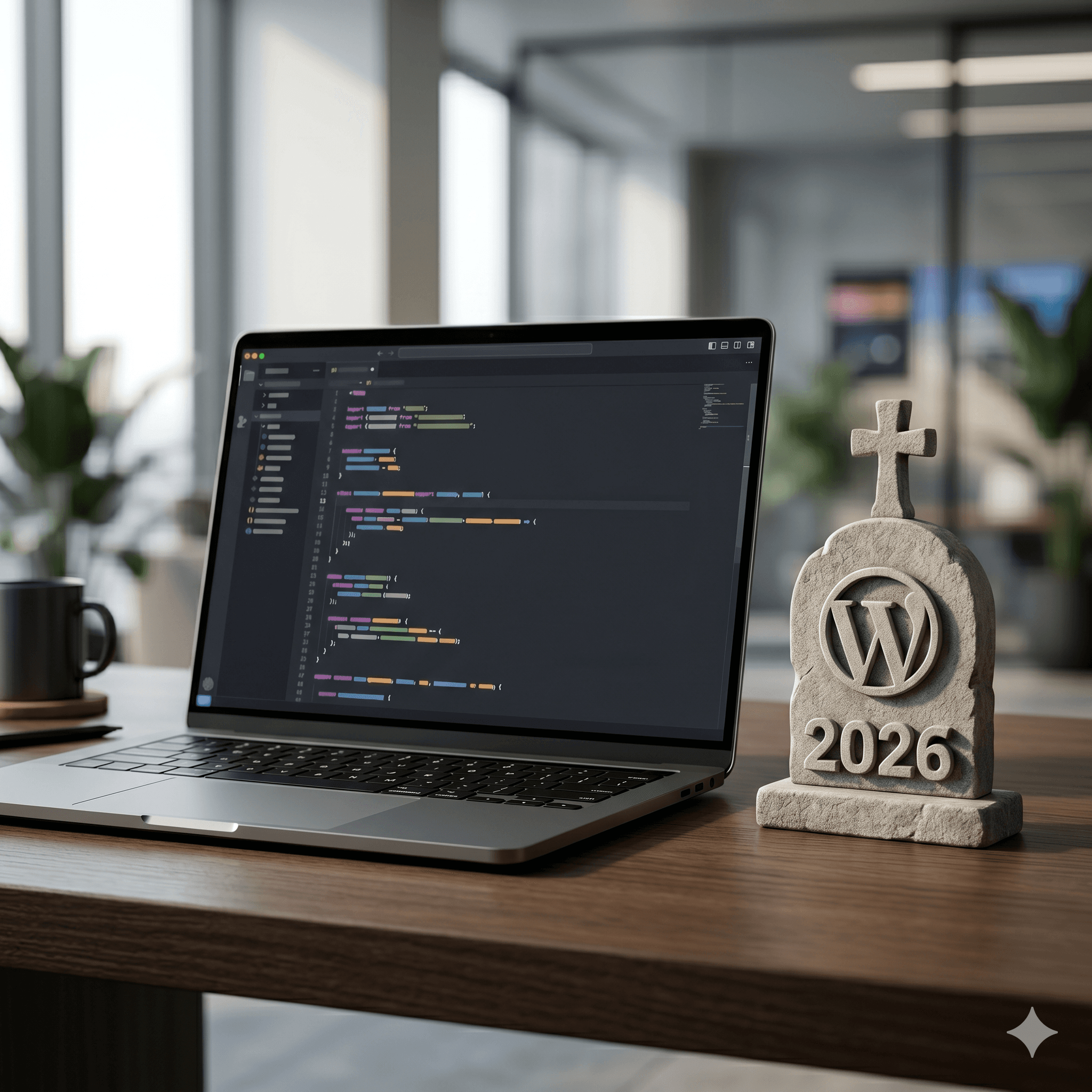Ein geöffneter, flacher space-grauer Laptop steht auf einem edlen dunklen Eichenschreibtisch, beleuchtet von weichem, seitlichem Tageslicht. Auf dem Bildschirm läuft ein Code-Editor im Dark-Mode. Direkt auf dem Tisch, neben dem Laptop, steht ein kleiner Grabstein aus Stein mit der eingemeißelten Jahreszahl 2026 und dem WordPress-Logo als steinernes Symbol. Der Fokus liegt scharf auf dem Grabstein, während der moderne Bürohintergrund in einer weichen Unschärfe verschwimmt.