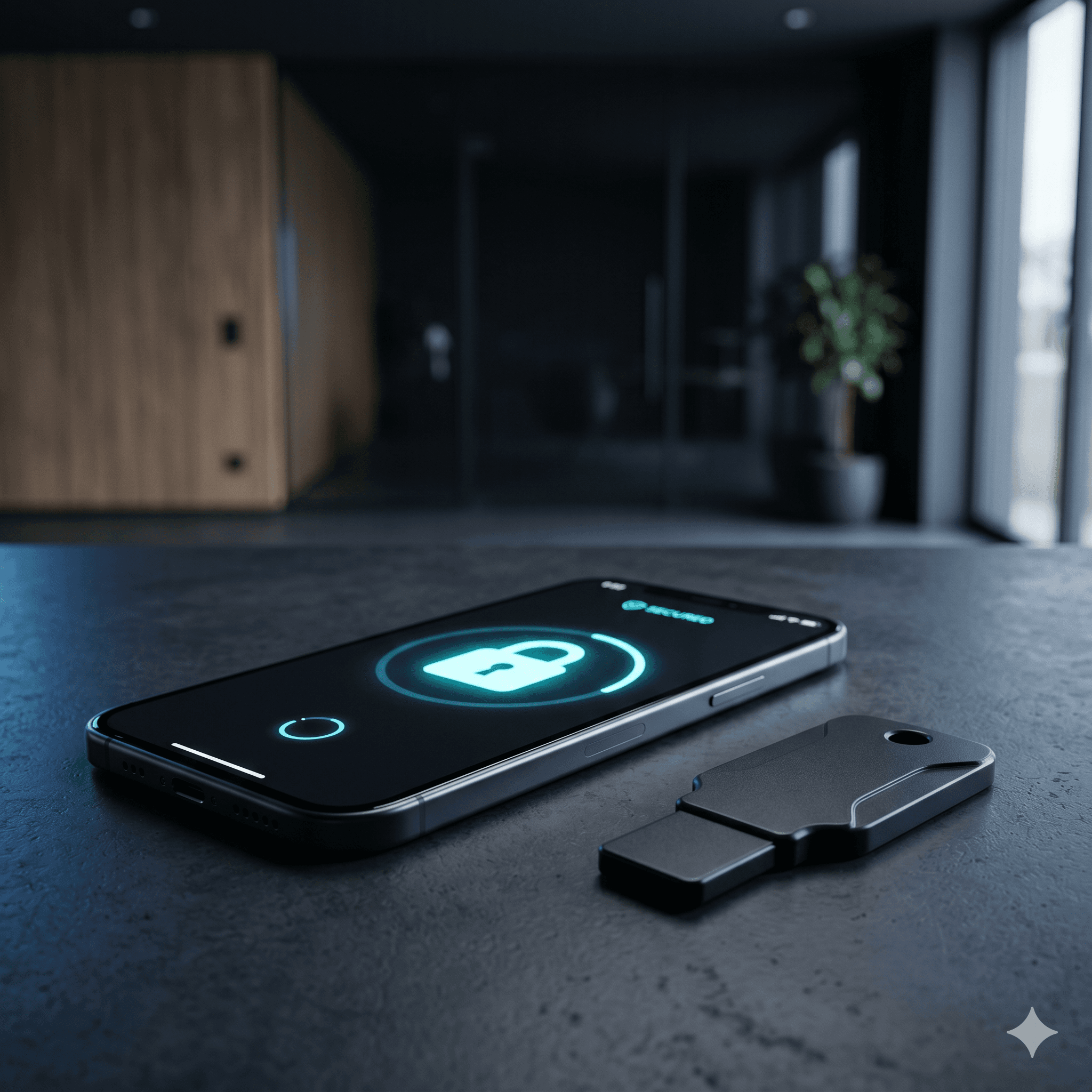 Ein moderner, mattschwarzer Design-Schlüssel liegt neben einem eleganten Smartphone auf einem dunklen, minimalistischen Schreibtisch. Auf dem Display des Smartphones ist eine cleane Sicherheits-App mit einem dezent cyan-leuchtenden Schloss-Symbol zu sehen. Das Bild ist edel ausgeleuchtet, wobei der Fokus scharf auf dem Schlüssel und dem Symbol liegt, während der Hintergrund in tiefer Unschärfe verschwimmt.