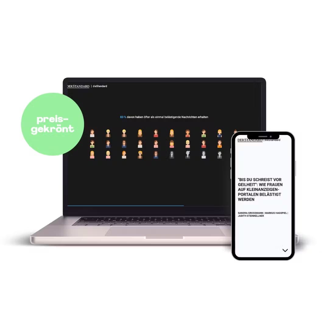 Mockup von MacBook und iPhone mit der Website eines preisgekrönten Zeitungsartikels