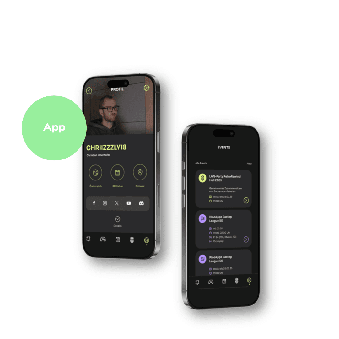 Mockup von iPhones mit der App für den PineApps E-Sport Verein