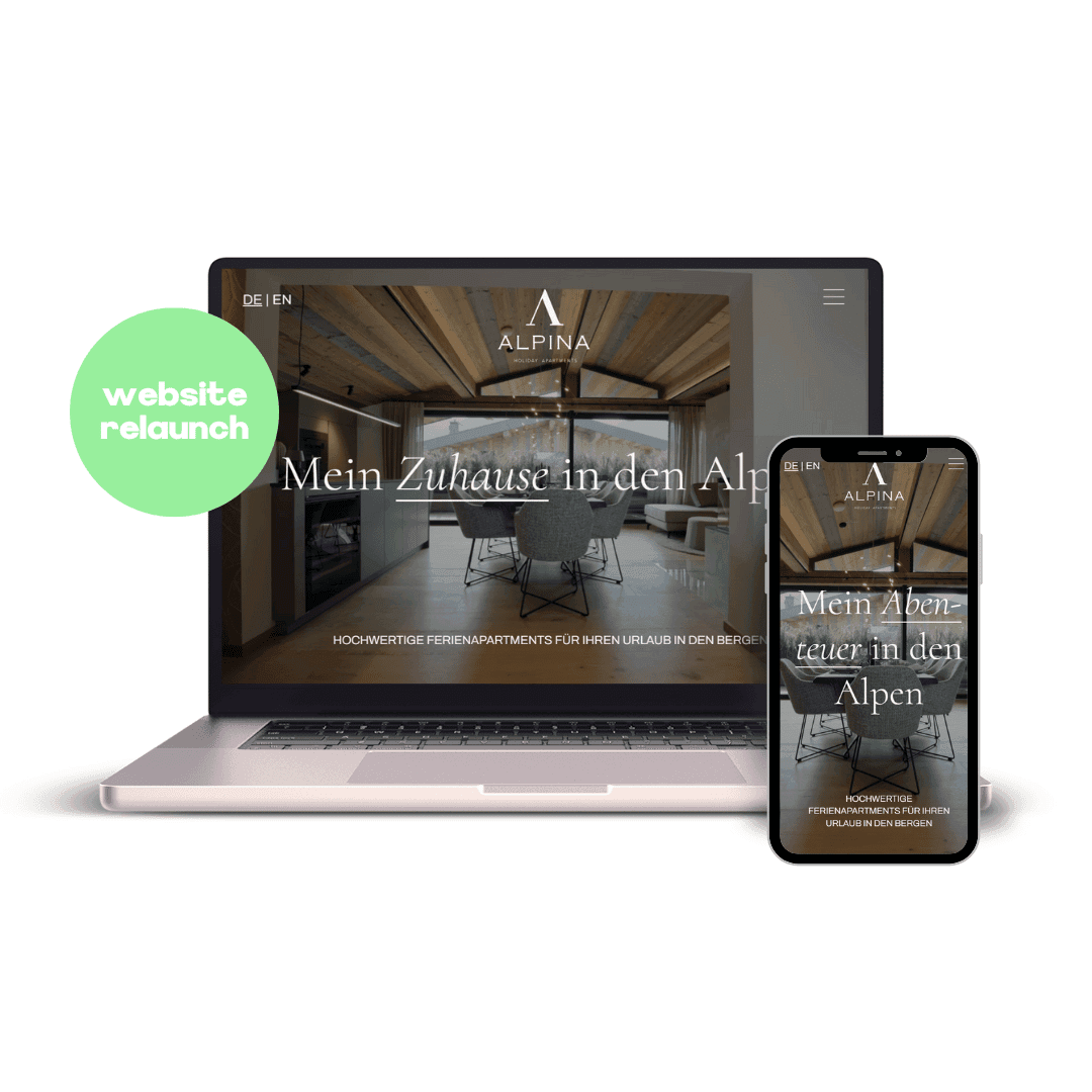 Mockup von MacBook und iPhone mit der Website für die Firma "Alpina Holiday Apartments".