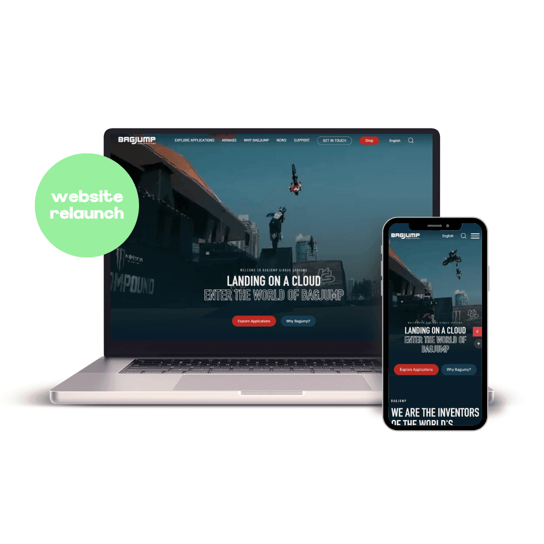 Mockup von MacBook und iPhone mit der Website für die Firma "Bagjump Airbag Systems".