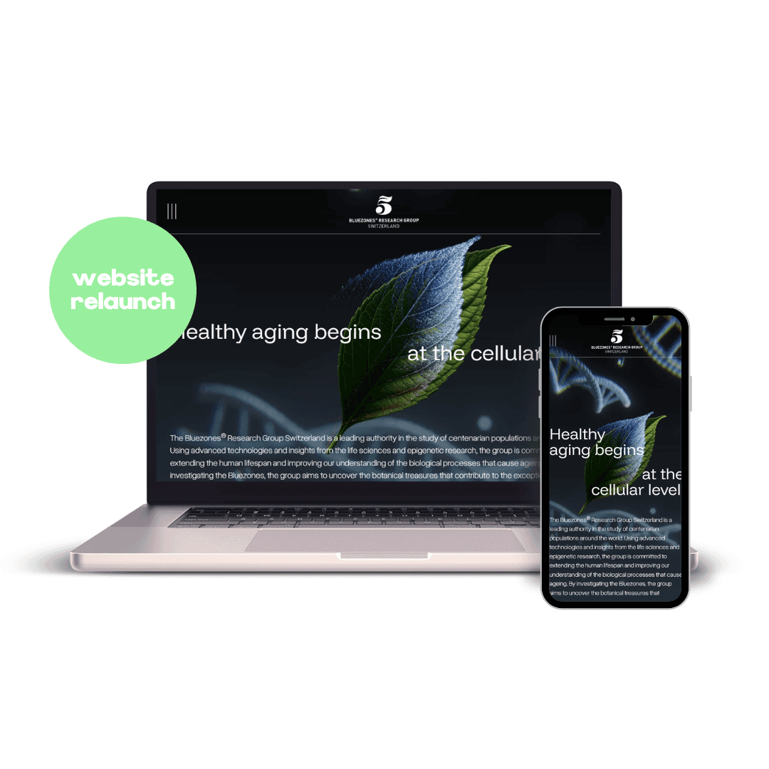 Mockup von MacBook und iPhone mit der Website für die Bluezones Research Group