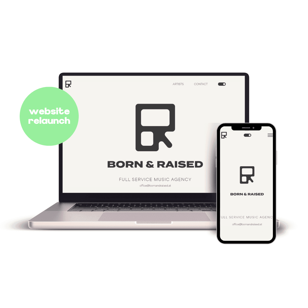 Mockup von MacBook und iPhone mit der Website für die "Born and Raised Music Agency".