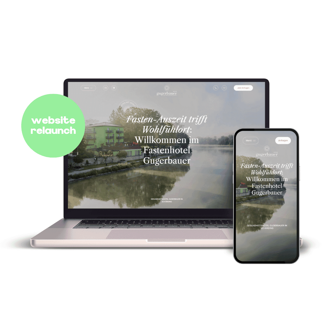 Mockup von MacBook und iPhone mit der Website für das Fastenhotel Gugerbauer.