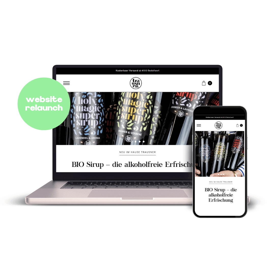 Mockup von MacBook und iPhone mit der Website und Webshop für die Firma Trausners