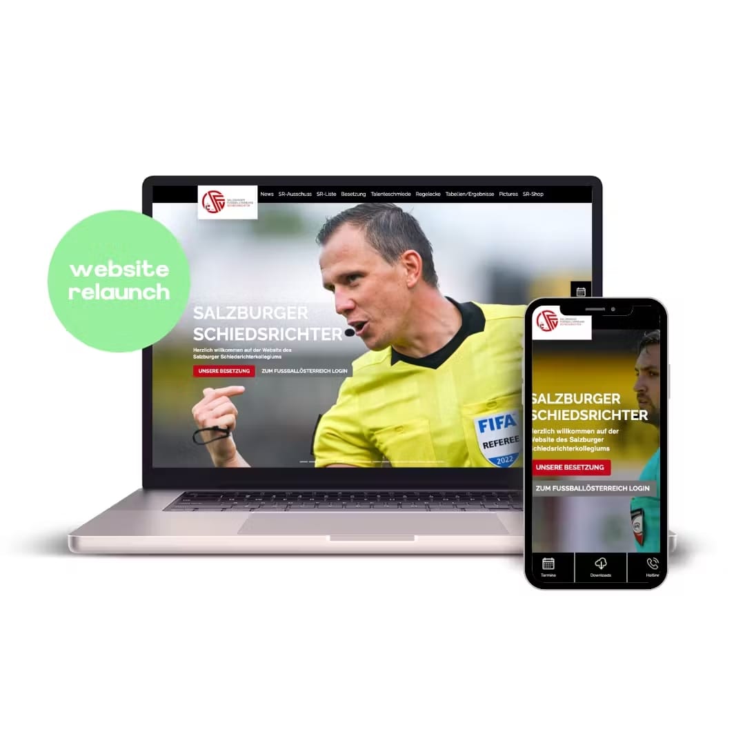Mockup von MacBook und iPhone mit der Website für den Salzburger Schiedsrichterverband.